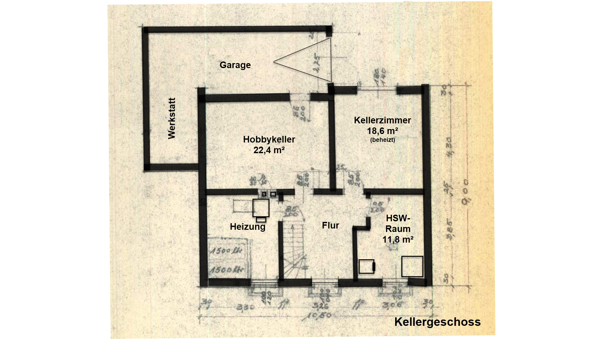 Reichshof-Sterzenbach: Ein- bis Zweifamilienhaus mit zwei Fischteichen, Grundriss KG: Keller 97 m² mit Kellerzimmer und Garage